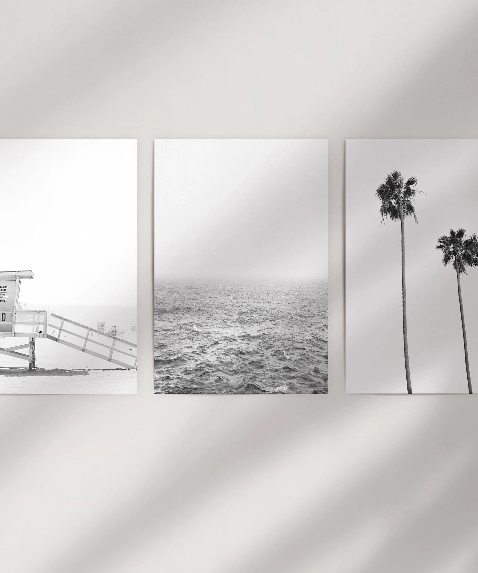 Black White Coastal Wall Art Set: Palms, Ocean, Lifeguard