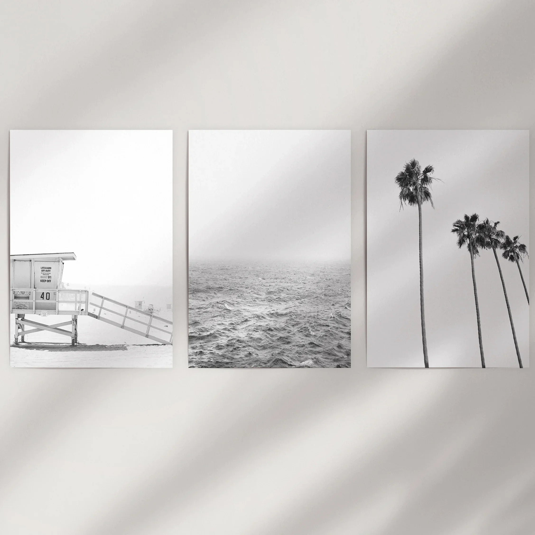 Black White Coastal Wall Art Set: Palms, Ocean, Lifeguard