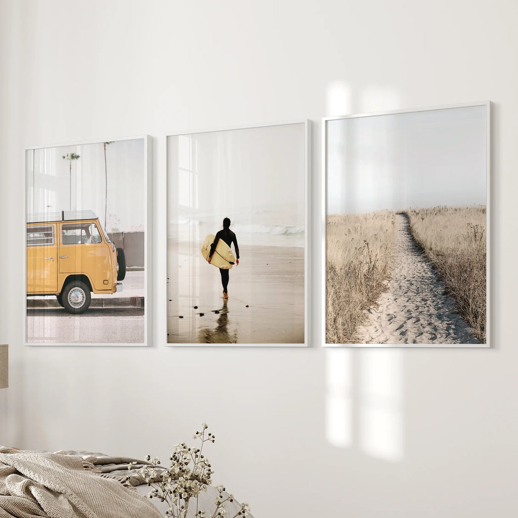 California Beach Set of 3 Prints. Surfer, Retro Van Decor