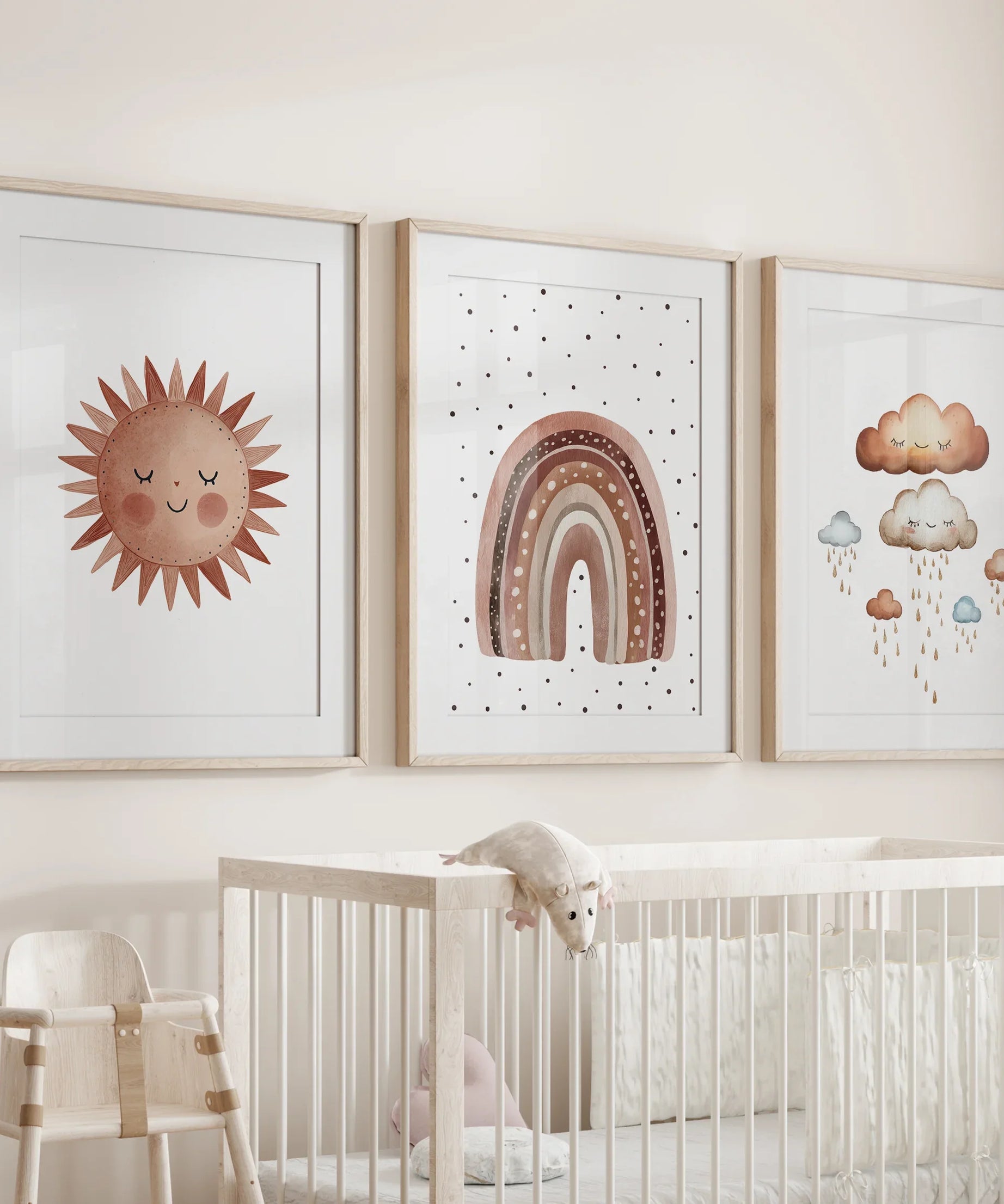 Minimalist Baby Room Wall Art Set of 3. Earthy Rainbow Theme
