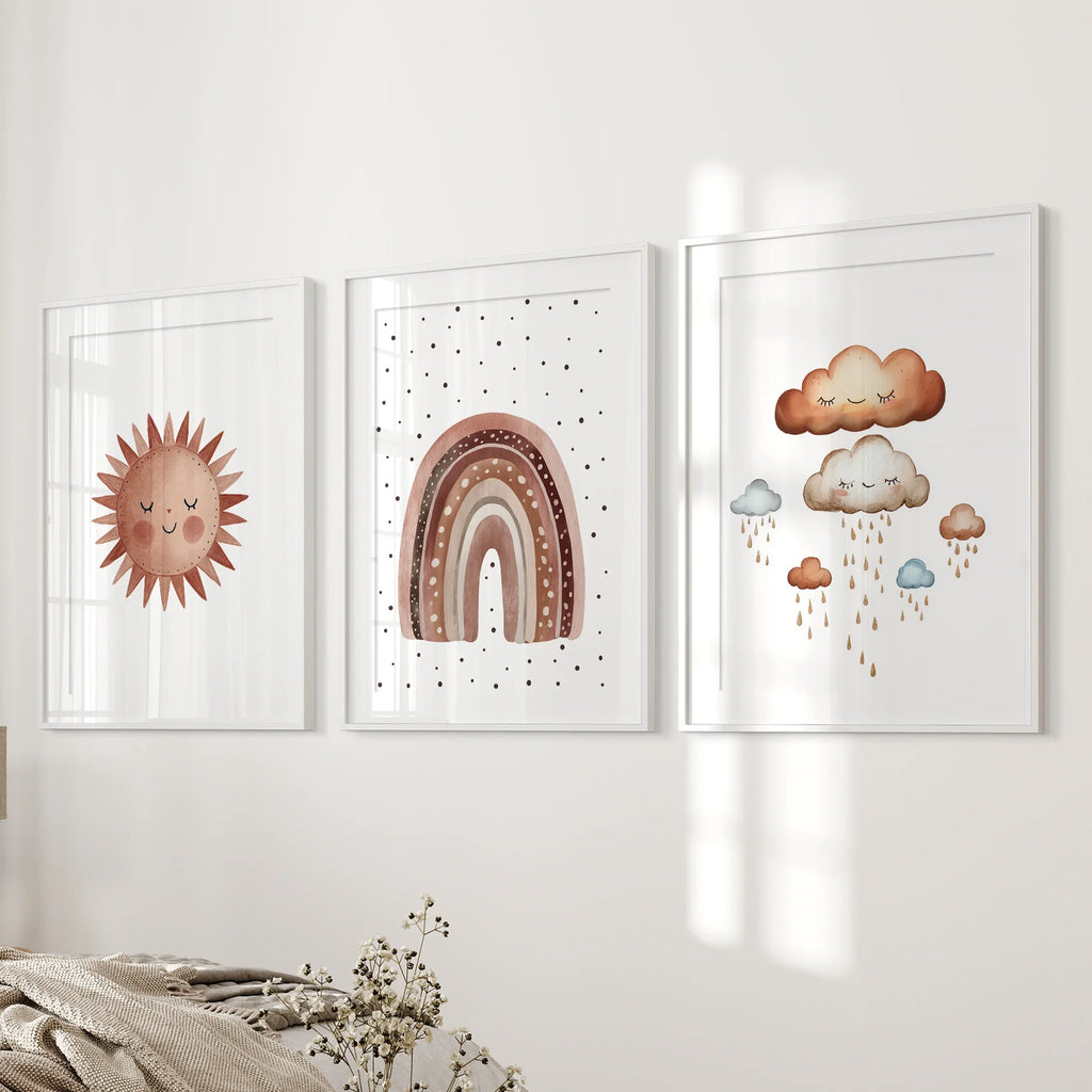 Minimalist Baby Room Wall Art Set of 3. Earthy Rainbow Theme