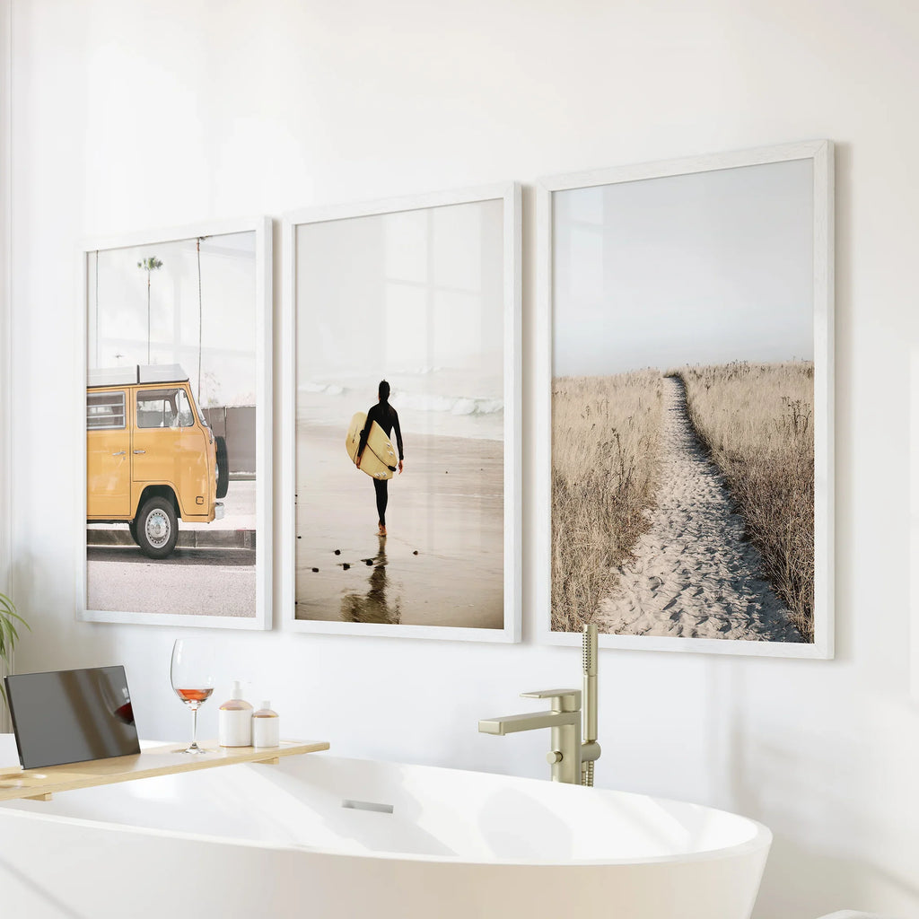 California Beach Set of 3 Prints. Surfer, Retro Van Decor