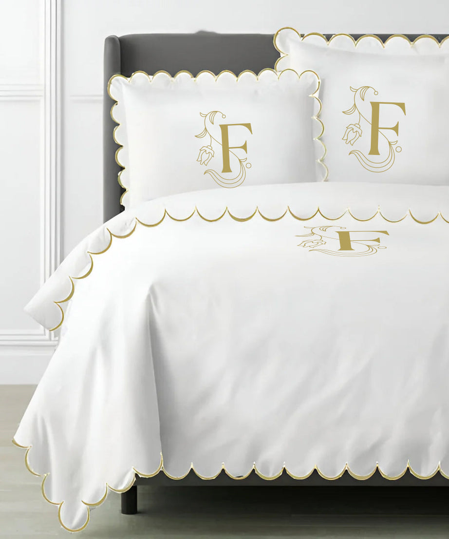 Monogram Allena 400TC Cotton Scallop Embroidery Sateen Solid Duvet Cover Set