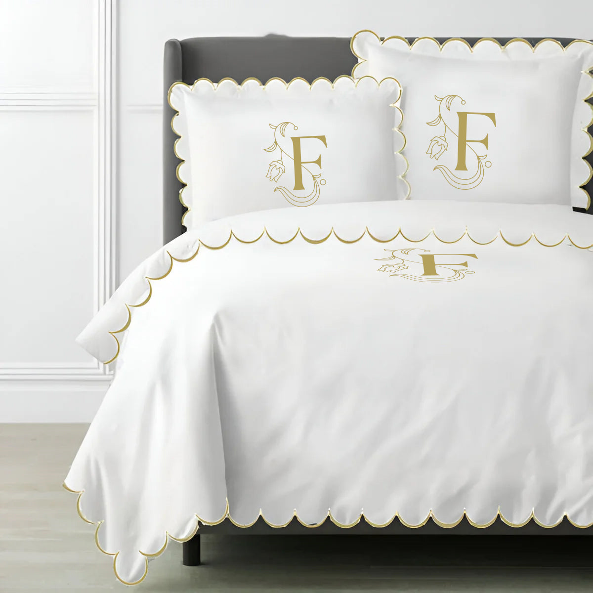 Monogram Allena 400TC Cotton Scallop Embroidery Sateen Solid Duvet Cover Set