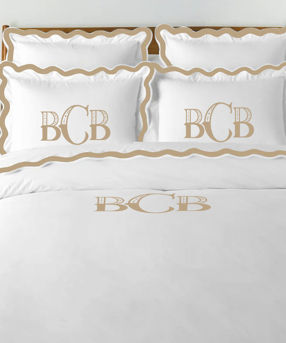 Monogram 400TC Applique Scalloped Embroidery Cotton Duvet Cover Set