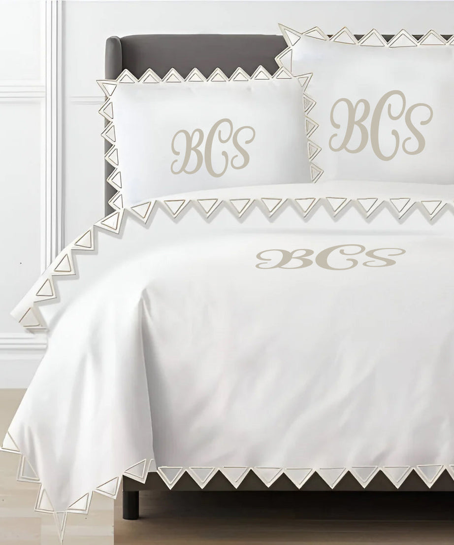 Monogram Ashley 400TC Cotton Traingle Embroidery Sateen Solid Duvet Cover Set