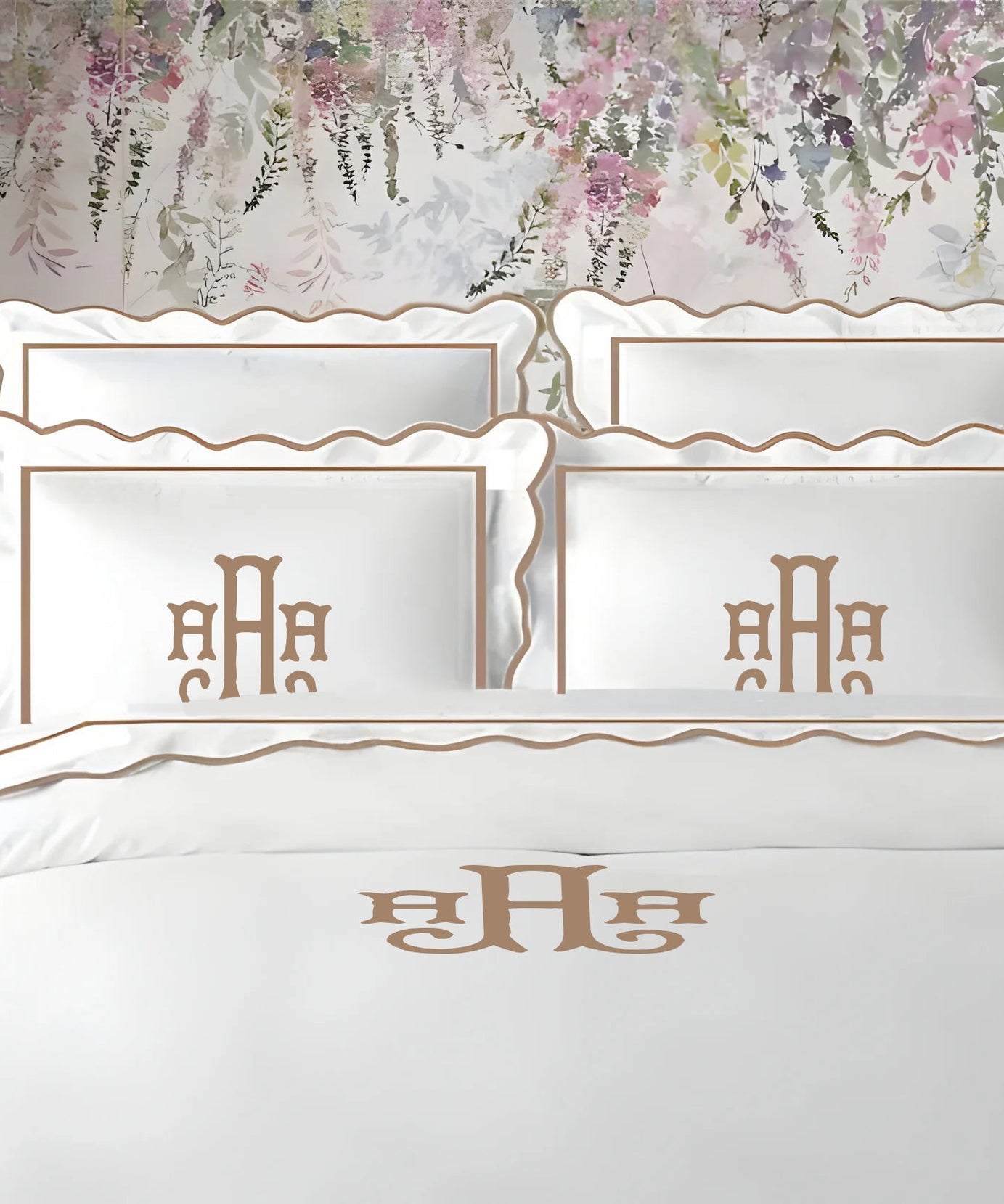Monogram 400TC Cotton Scallop Embroidery & Border Sateen Solid Duvet Cover Set