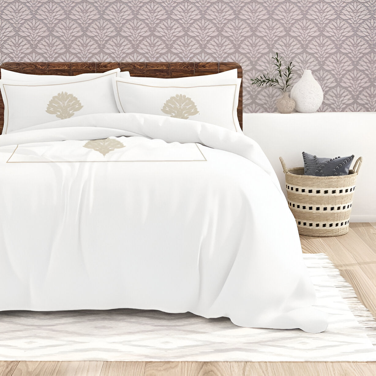 Leafy Embroidered Cotton Sateen Duvet Cover Set