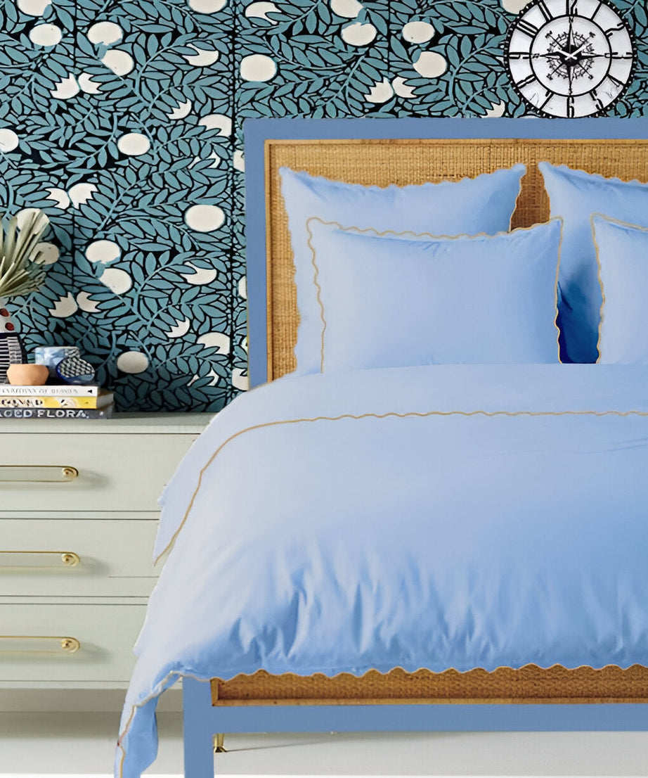 Light Blue 400TC Cotton Small Scallop Embroidery Duvet Cover Set