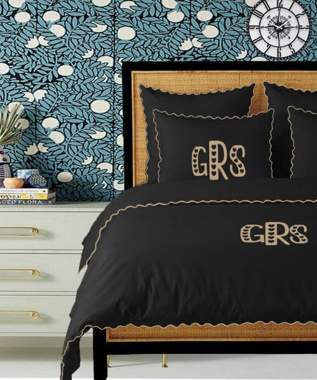Monogram Black 400TC Cotton Small Scallop Embroidery Duvet Cover Set