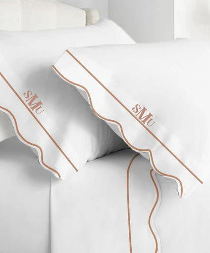 Monogram 400TC Cotton Scallop Embroidery & Border Sateen Solid Sheet Set