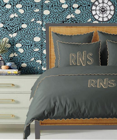 Monogram Dark Grey 400TC Cotton Small Scallop Embroidery Duvet Cover Set