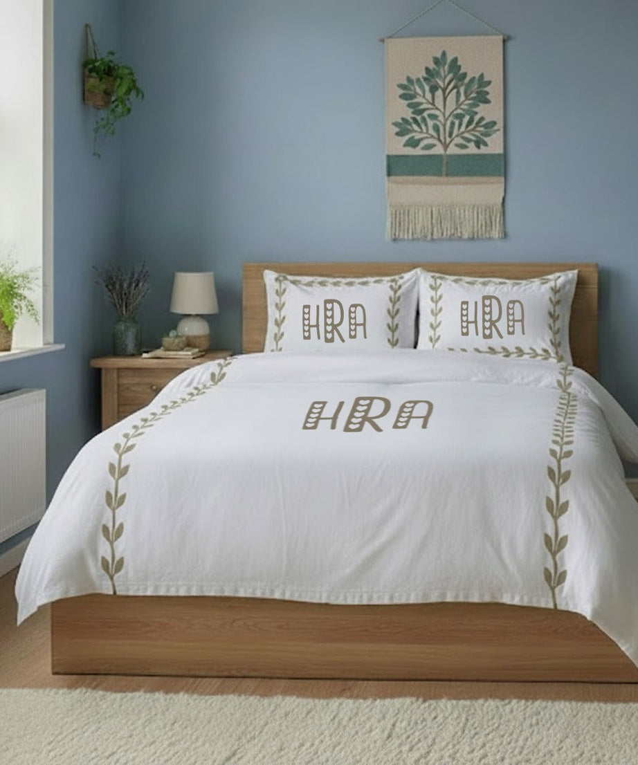 Monogram Layered Leaf Applique Cotton Duvet Cover Set