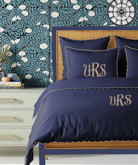 Monogram Navy 400TC Cotton Small Scallop Embroidery Duvet Cover Set