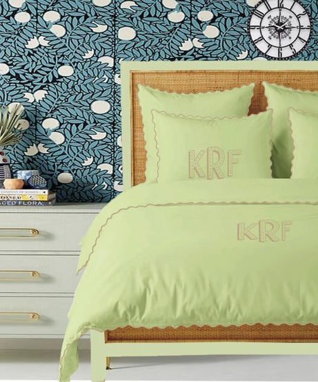 Monogram Sage 400TC Cotton Small Scallop Embroidery Duvet Cover Set