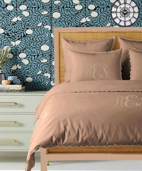 Monogram Taupe 400TC Cotton Small Scallop Embroidery Duvet Cover Set