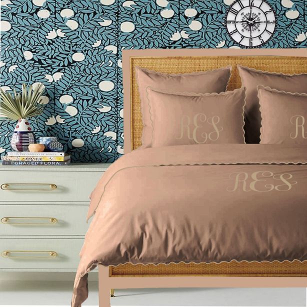 Monogram Taupe 400TC Cotton Small Scallop Embroidery Duvet Cover Set