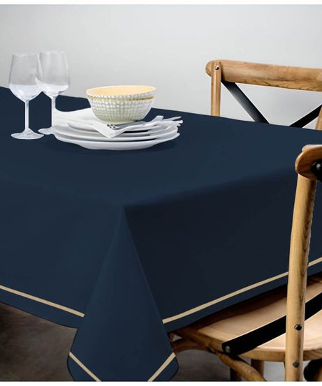 Single Embroidery Border Sateen Cotton Solid Table Cloth - Navy