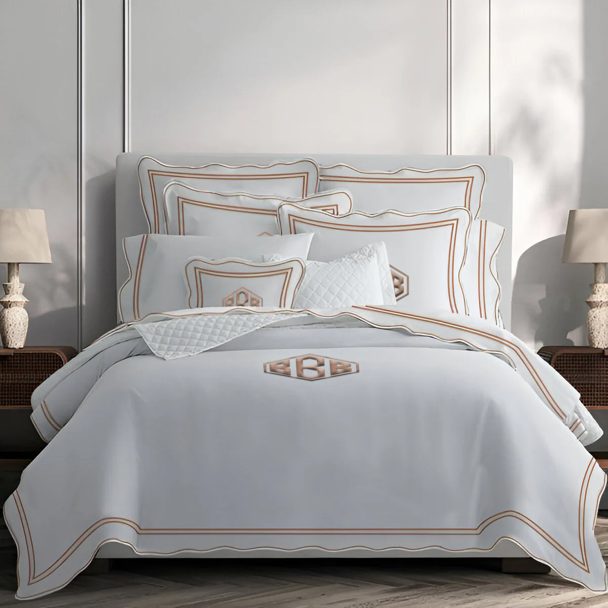 Monogram 400TC Wavy Embroidery & Border Cotton Sateen Solid Duvet Cover Set