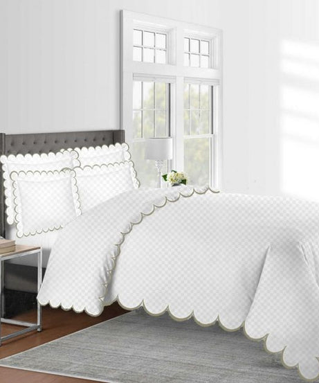 Allena 400TC Cotton Scallop Embroidery Sateen Microcheck Duvet Cover Set