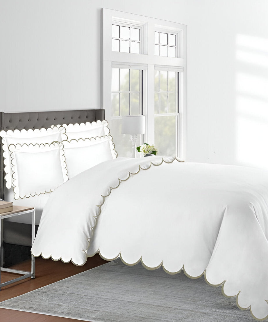 Allena 400TC Cotton Scallop Embroidery Sateen Solid Duvet Cover Set