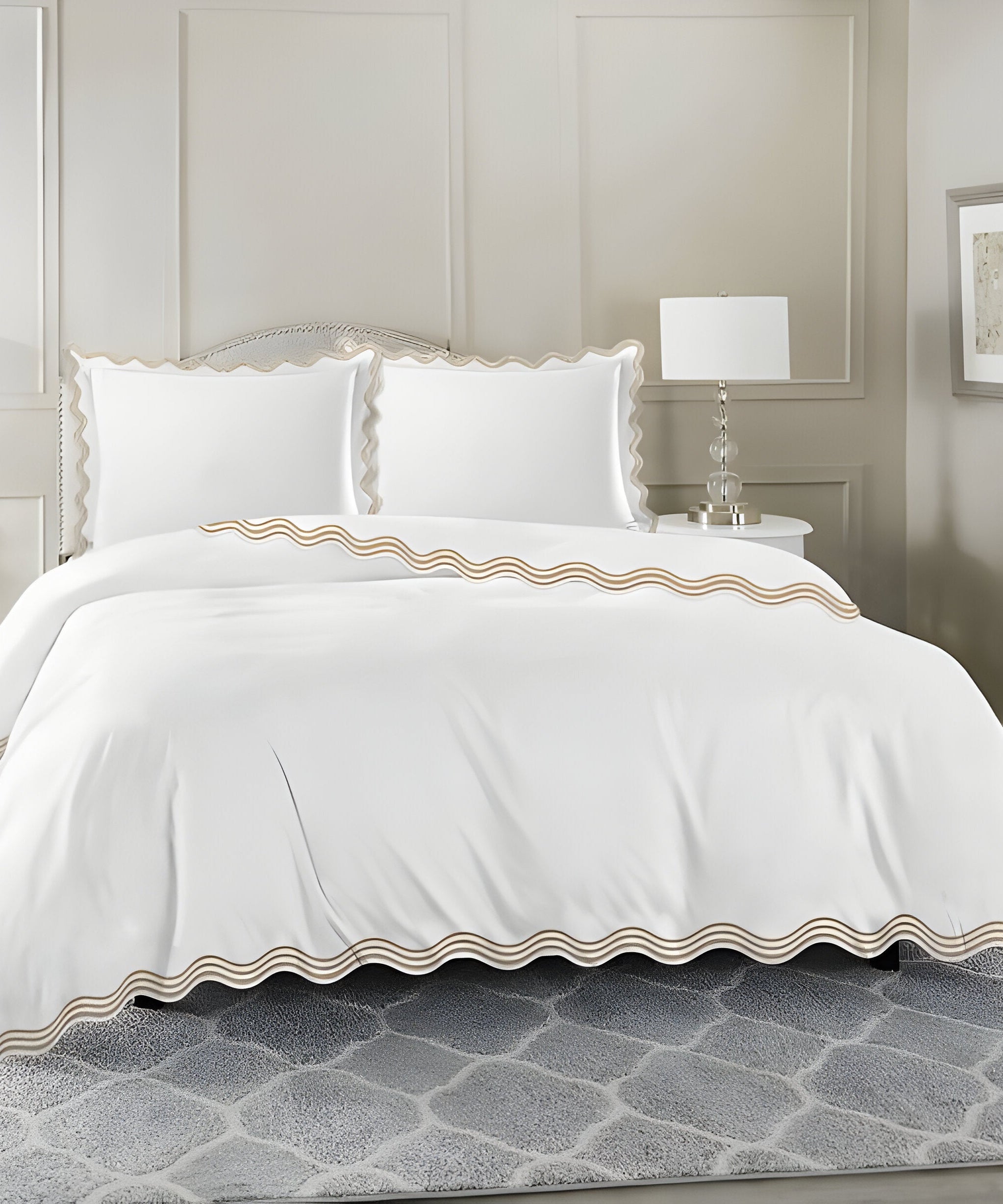 400TC Cotton Sateen Triple Scallop Embroidery Duvet Cover Set