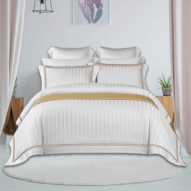 400TC Cotton Double Edge Embroidery Sateen Stripe Duvet Cover Set