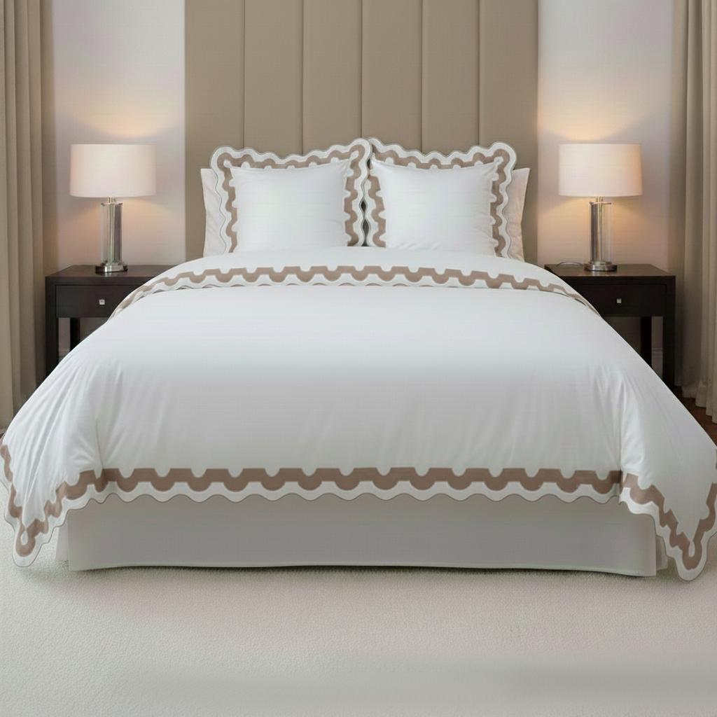 400TC U Shape Applique Scalloped Embroidery Cotton Duvet Cover Set