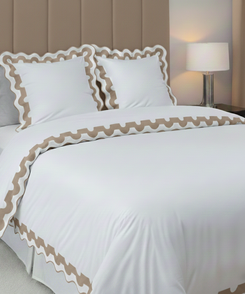 400TC U Shape Applique Scalloped Embroidery Cotton Duvet Cover Set