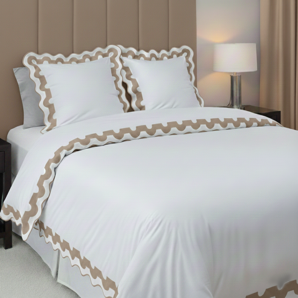 400TC U Shape Applique Scalloped Embroidery Cotton Duvet Cover Set