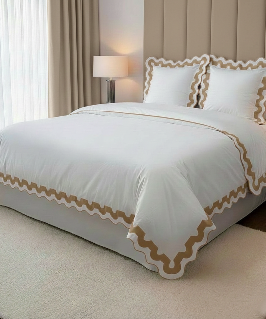 400TC U Shape Applique Scalloped Embroidery Cotton Duvet Cover Set