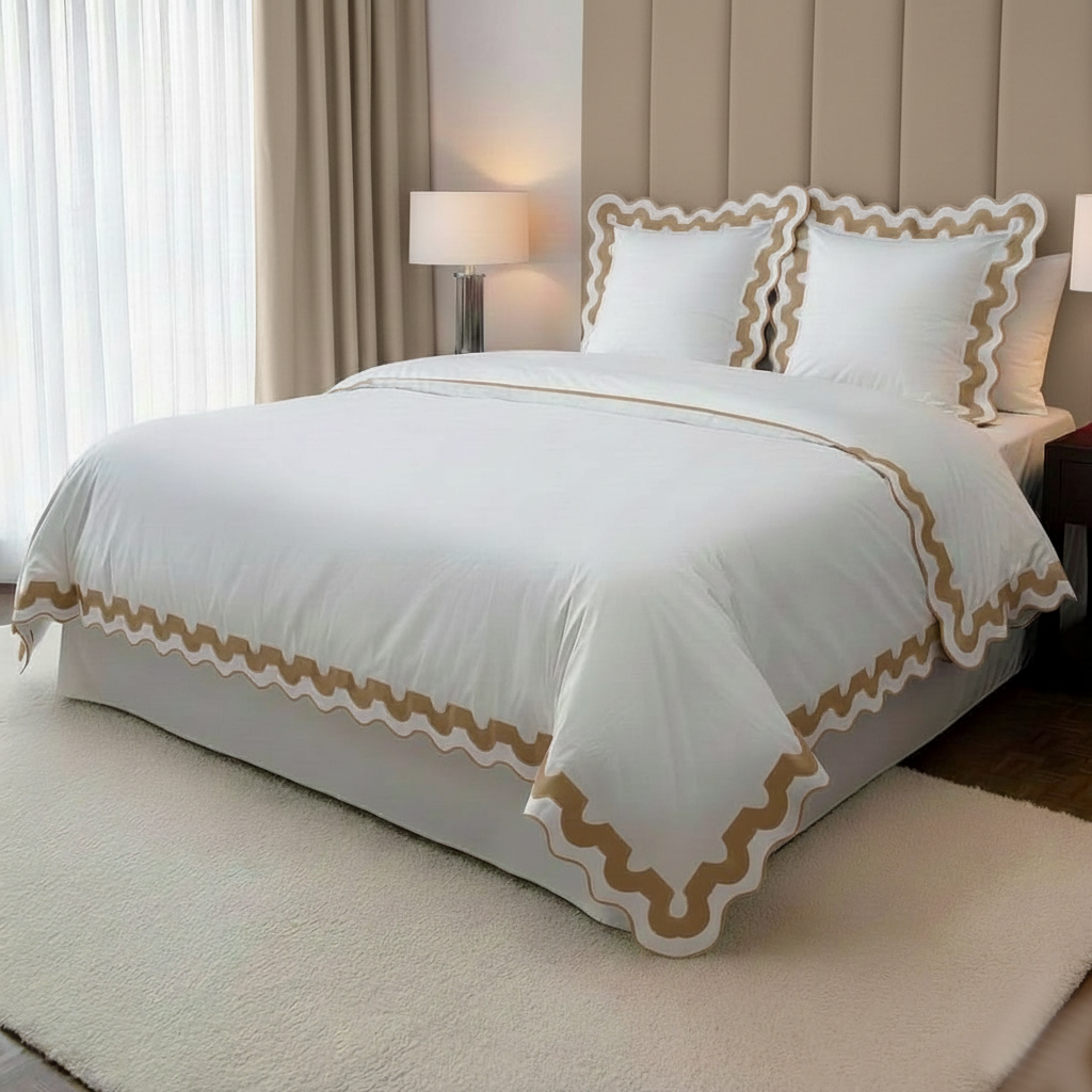 400TC U Shape Applique Scalloped Embroidery Cotton Duvet Cover Set