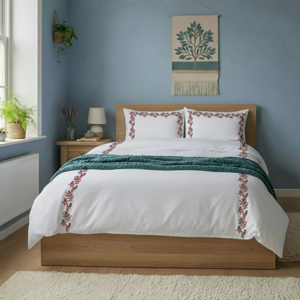 Bird Embroidered Cotton Duvet Cover Set