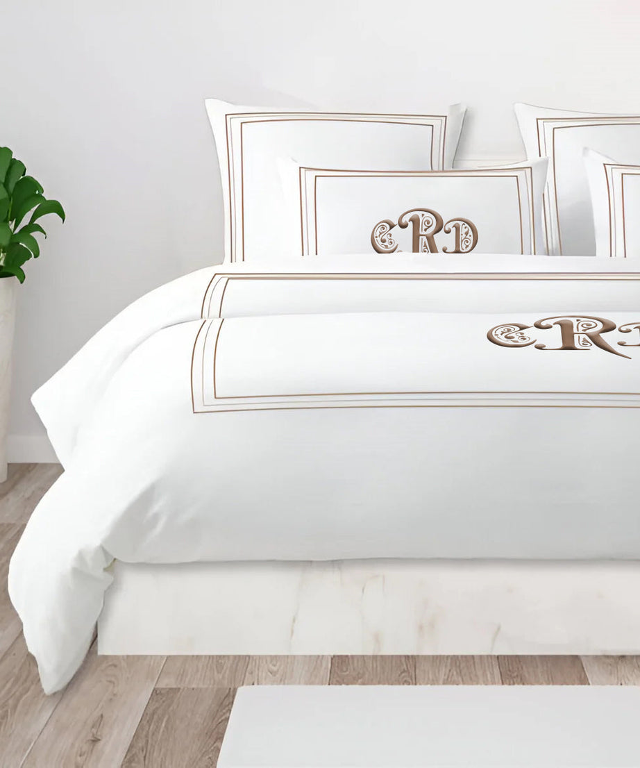 Monogram 400TC Cotton Classic Embroidery Sateen Solid Duvet Cover Set