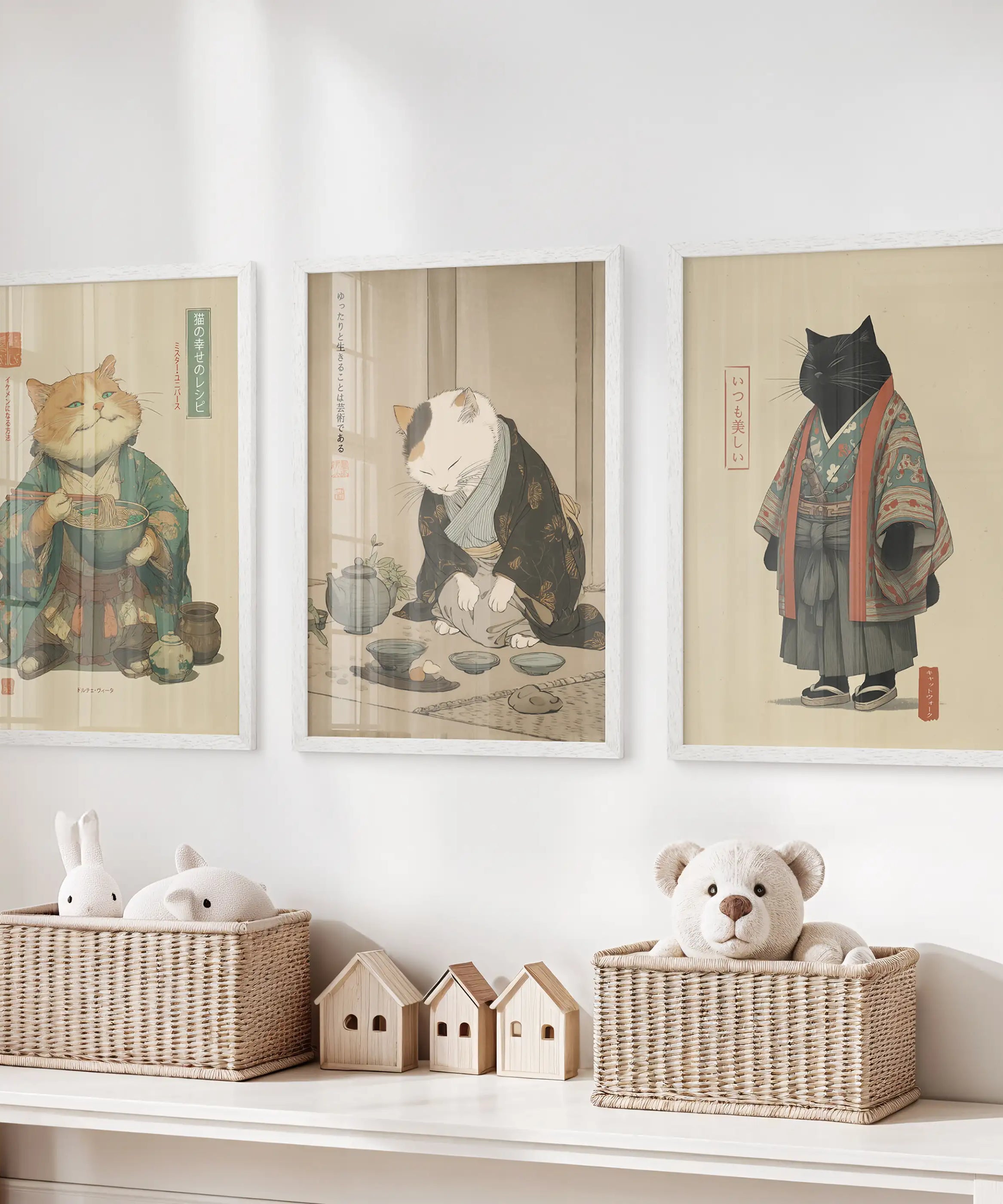 Japanese Ukiyo-e Style Cat Wall Art Set of 3. Tea Ceremony