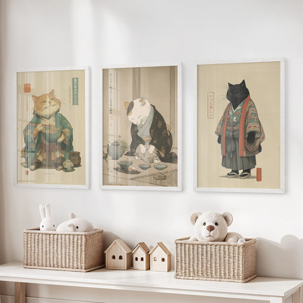 Japanese Ukiyo-e Style Cat Wall Art Set of 3. Tea Ceremony