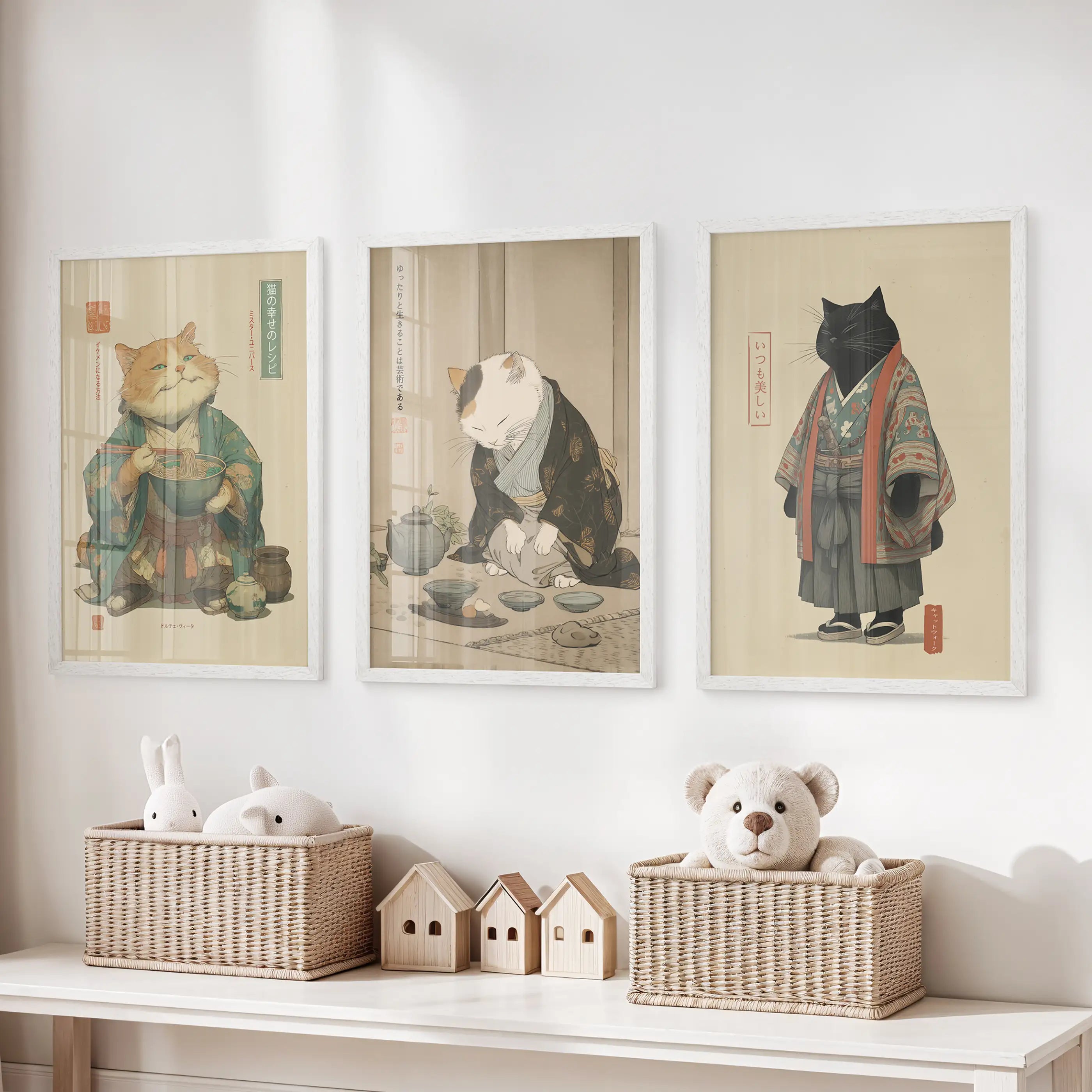 Japanese Ukiyo-e Style Cat Wall Art Set of 3. Tea Ceremony