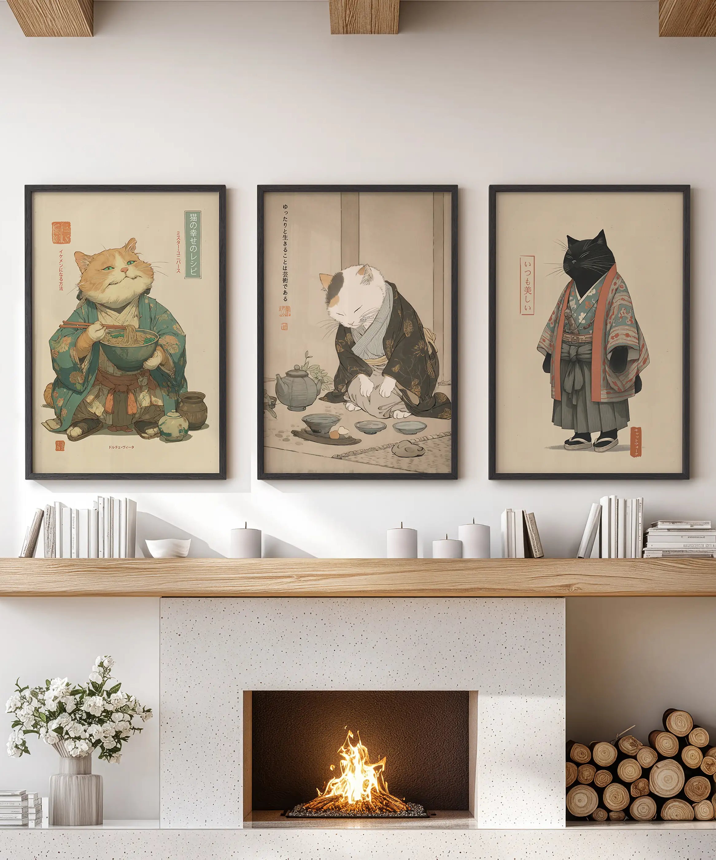 Japanese Ukiyo-e Style Cat Wall Art Set of 3. Tea Ceremony
