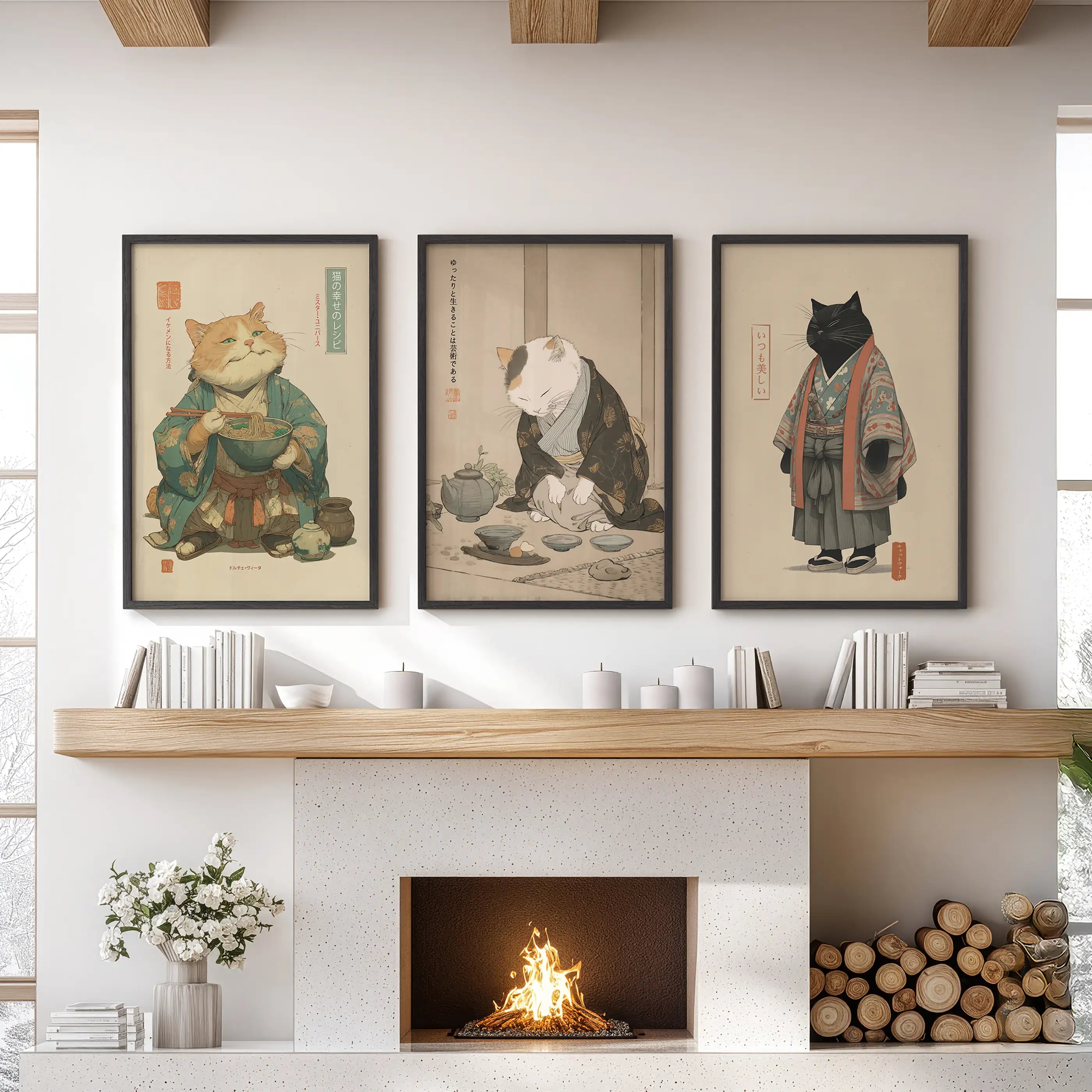 Japanese Ukiyo-e Style Cat Wall Art Set of 3. Tea Ceremony