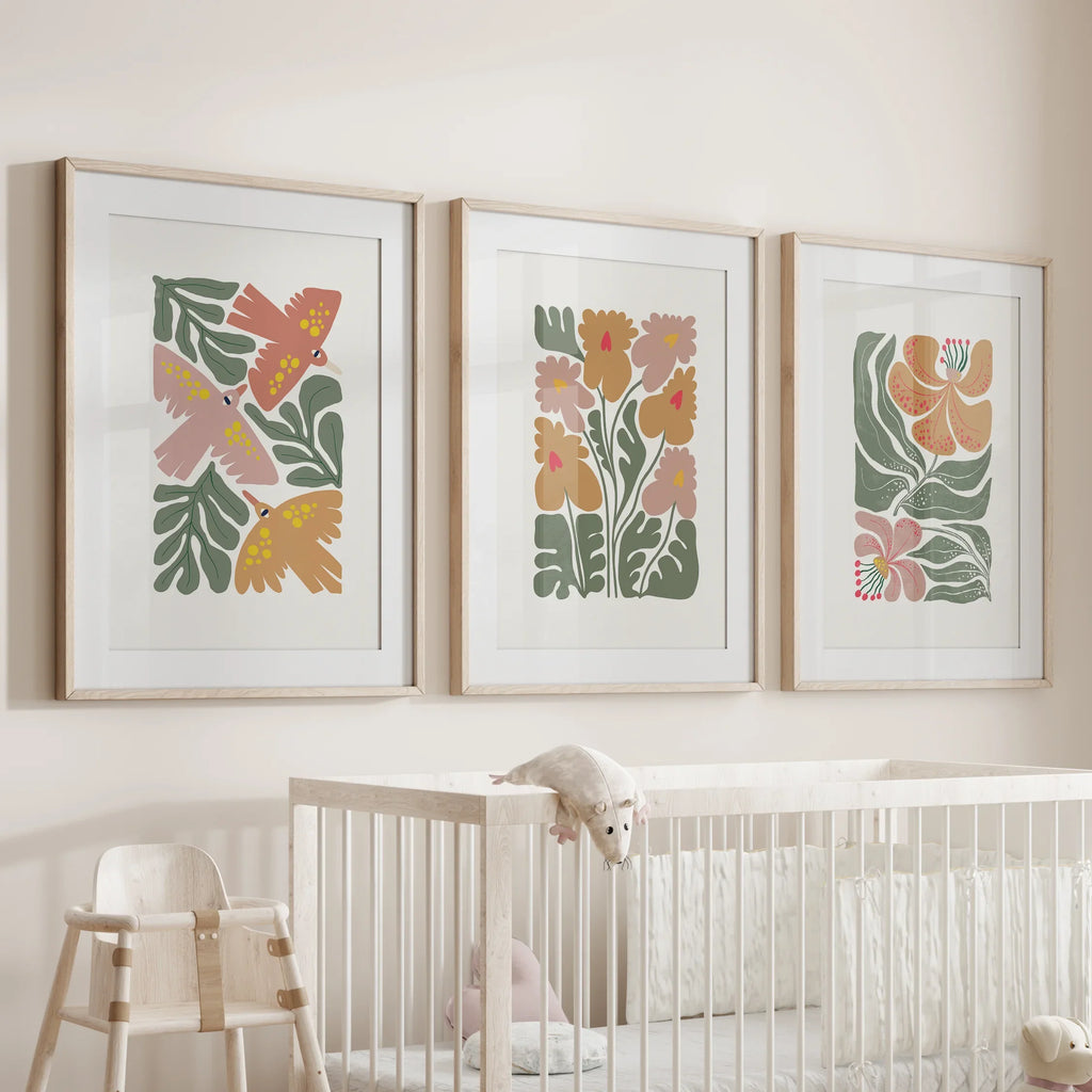 Abstract Botanical Set of 3 Prints. Retro Flower Gallery Art