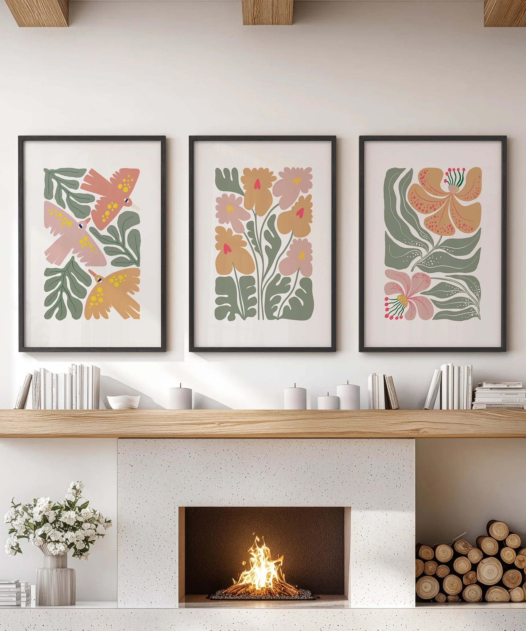 Abstract Botanical Set of 3 Prints. Retro Flower Gallery Art
