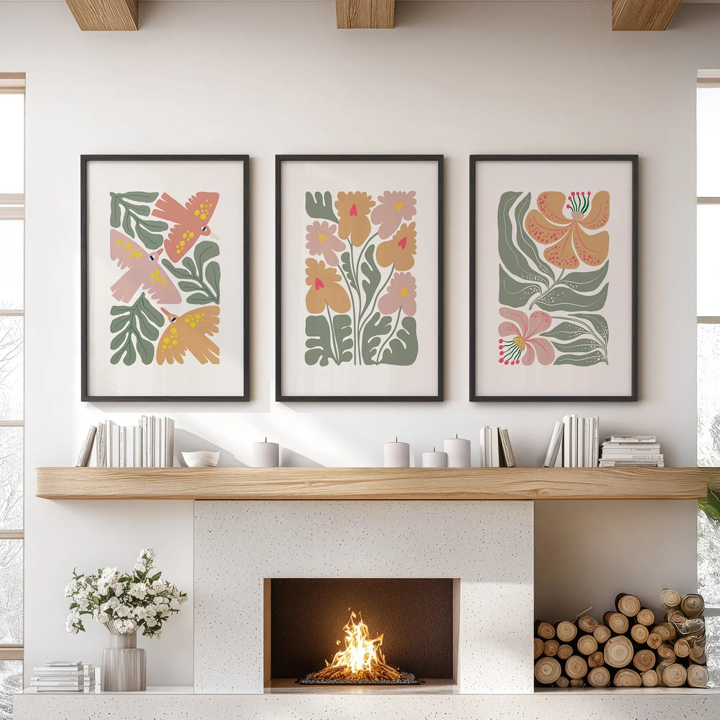 Abstract Botanical Set of 3 Prints. Retro Flower Gallery Art