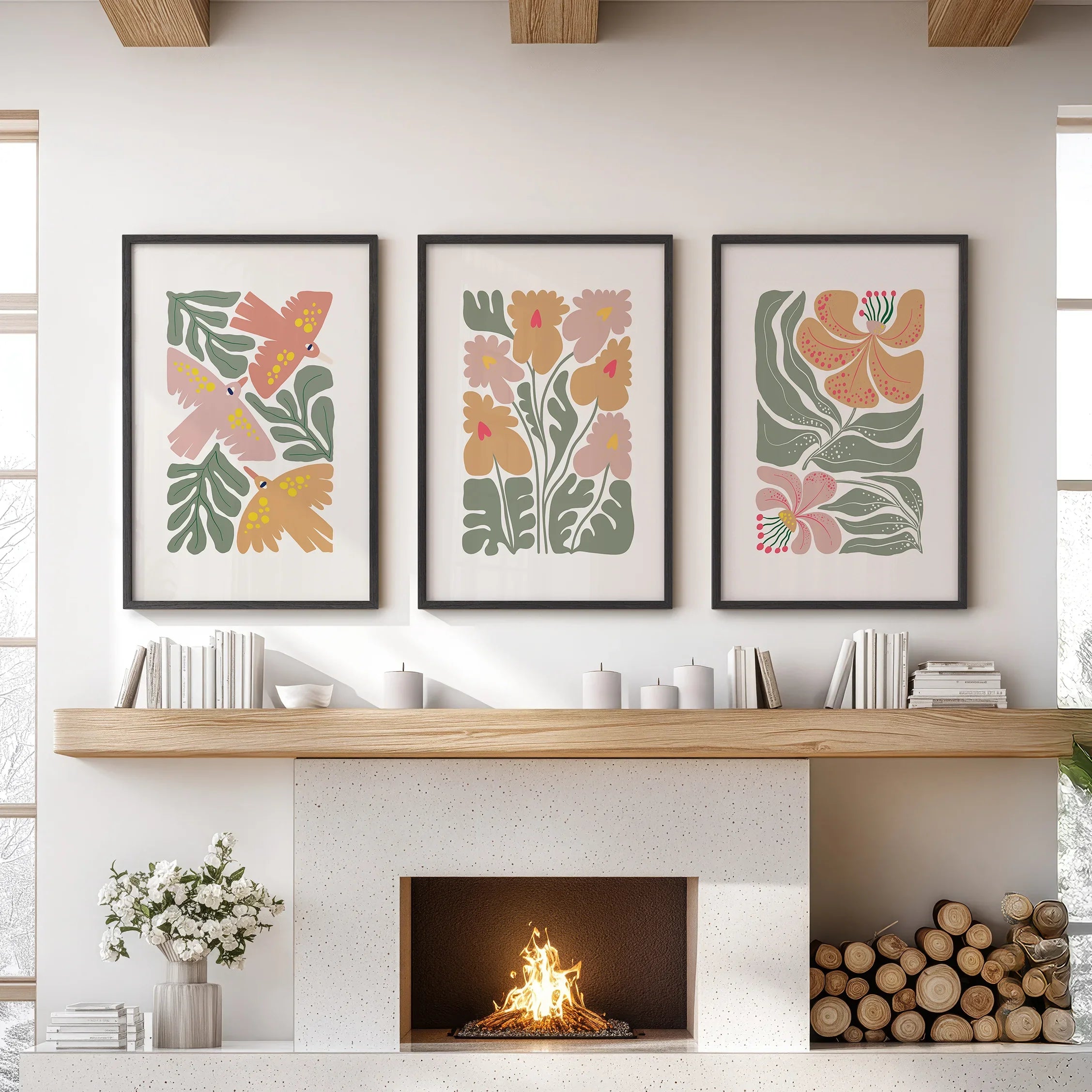 Abstract Botanical Set of 3 Prints. Retro Flower Gallery Art