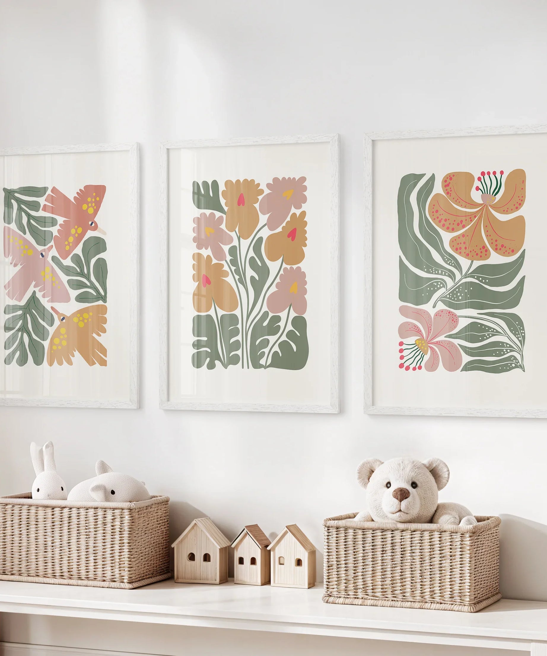 Abstract Botanical Set of 3 Prints. Retro Flower Gallery Art