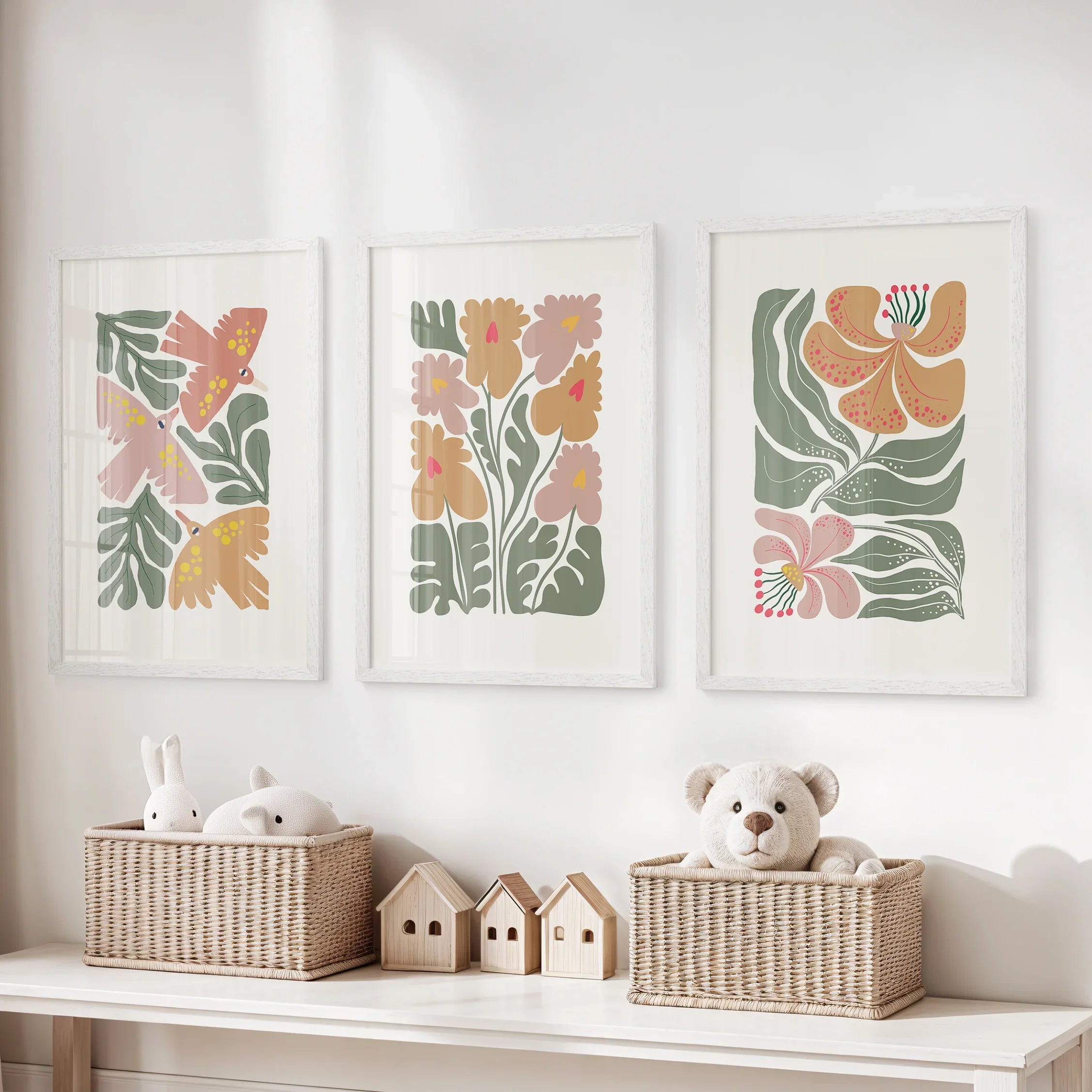 Abstract Botanical Set of 3 Prints. Retro Flower Gallery Art