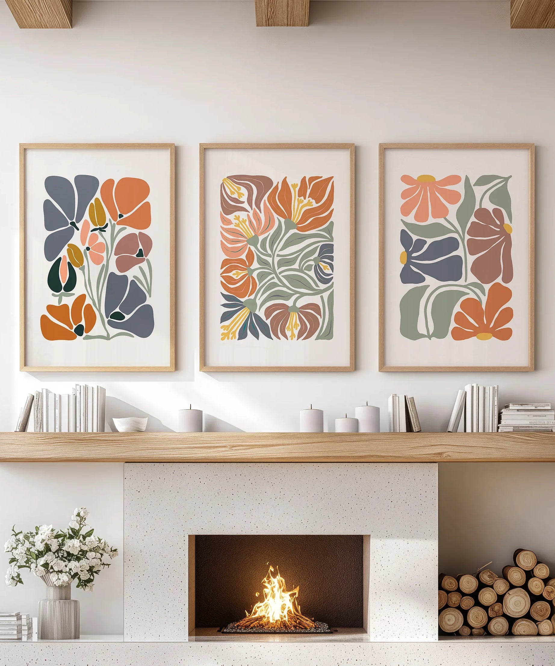 Boho Botanical Set of 3 Wall Art. Abstract Flowers Prints