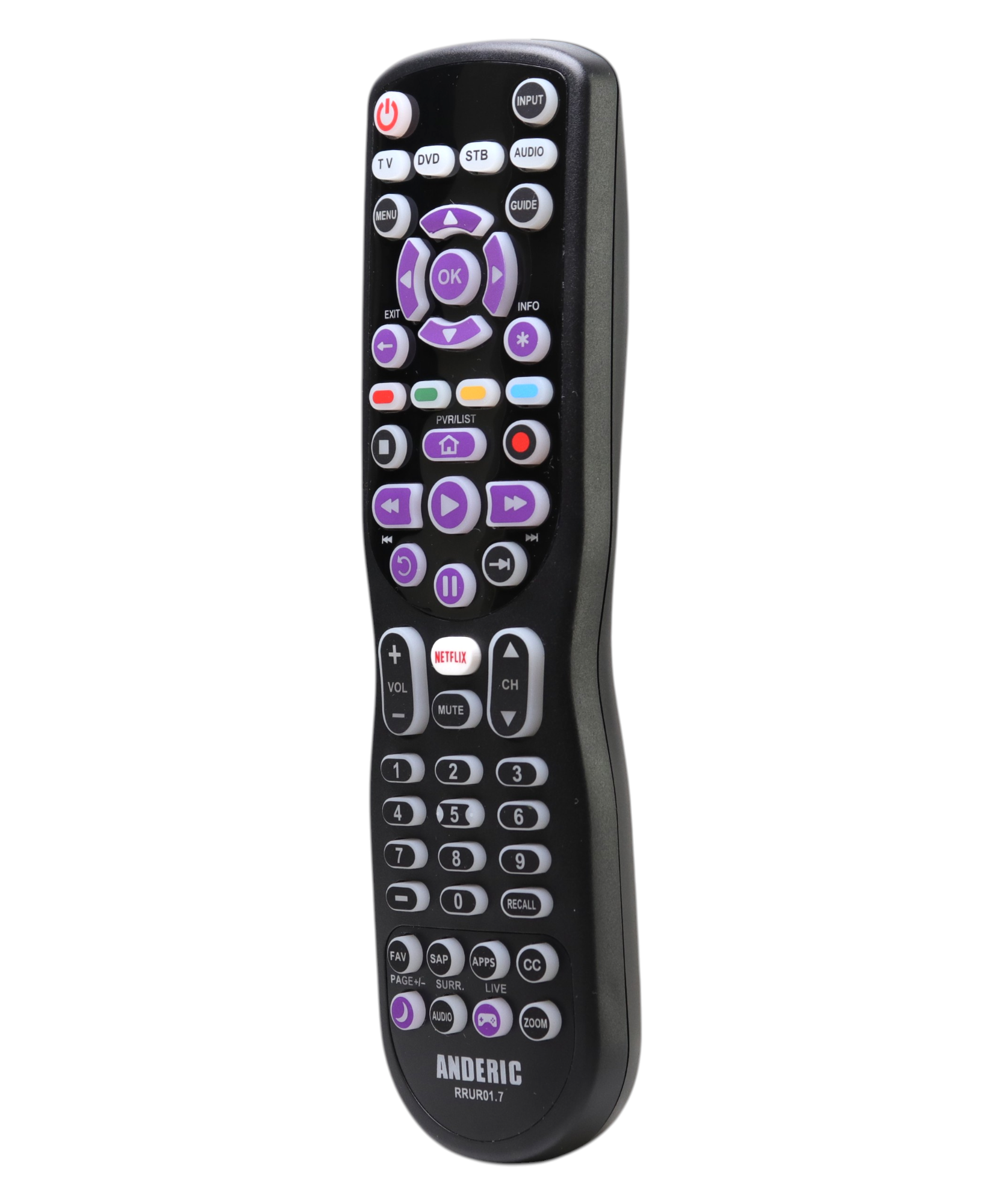 Anderic RRUR01.7 4-Device Universal Remote Control for Roku Streaming Players & Roku TV's | Backlighting, Learning, and Macro