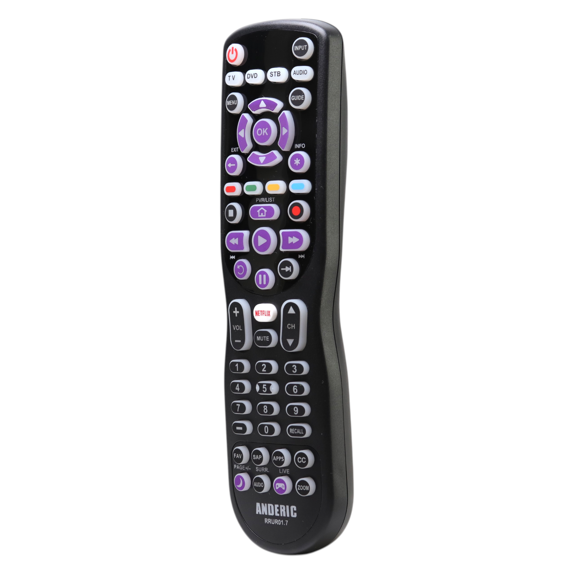 Anderic RRUR01.7 4-Device Universal Remote Control for Roku Streaming Players & Roku TV's | Backlighting, Learning, and Macro