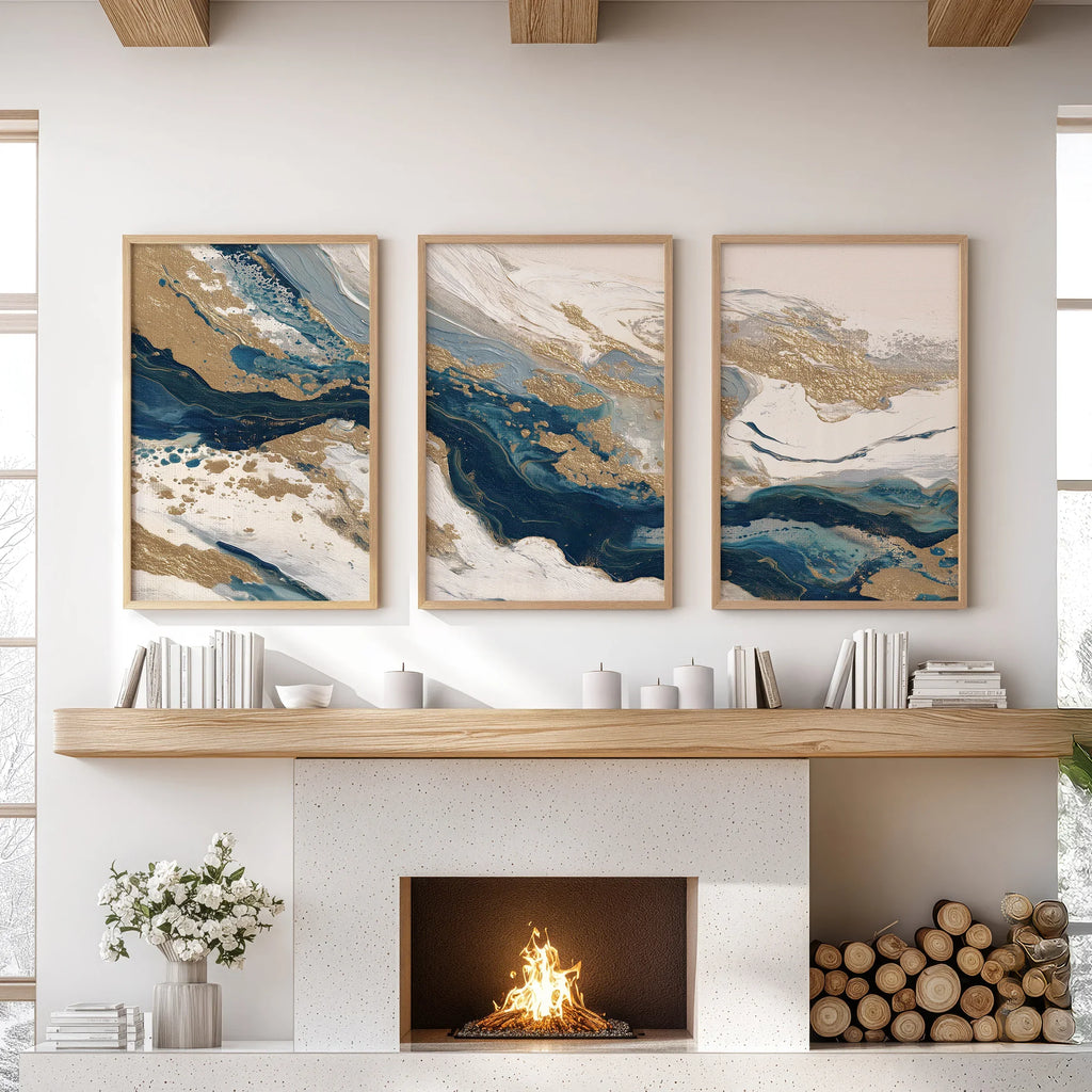 Gold & Blue Brush Strokes. Luxury 3 Piece Abstract Wall Art