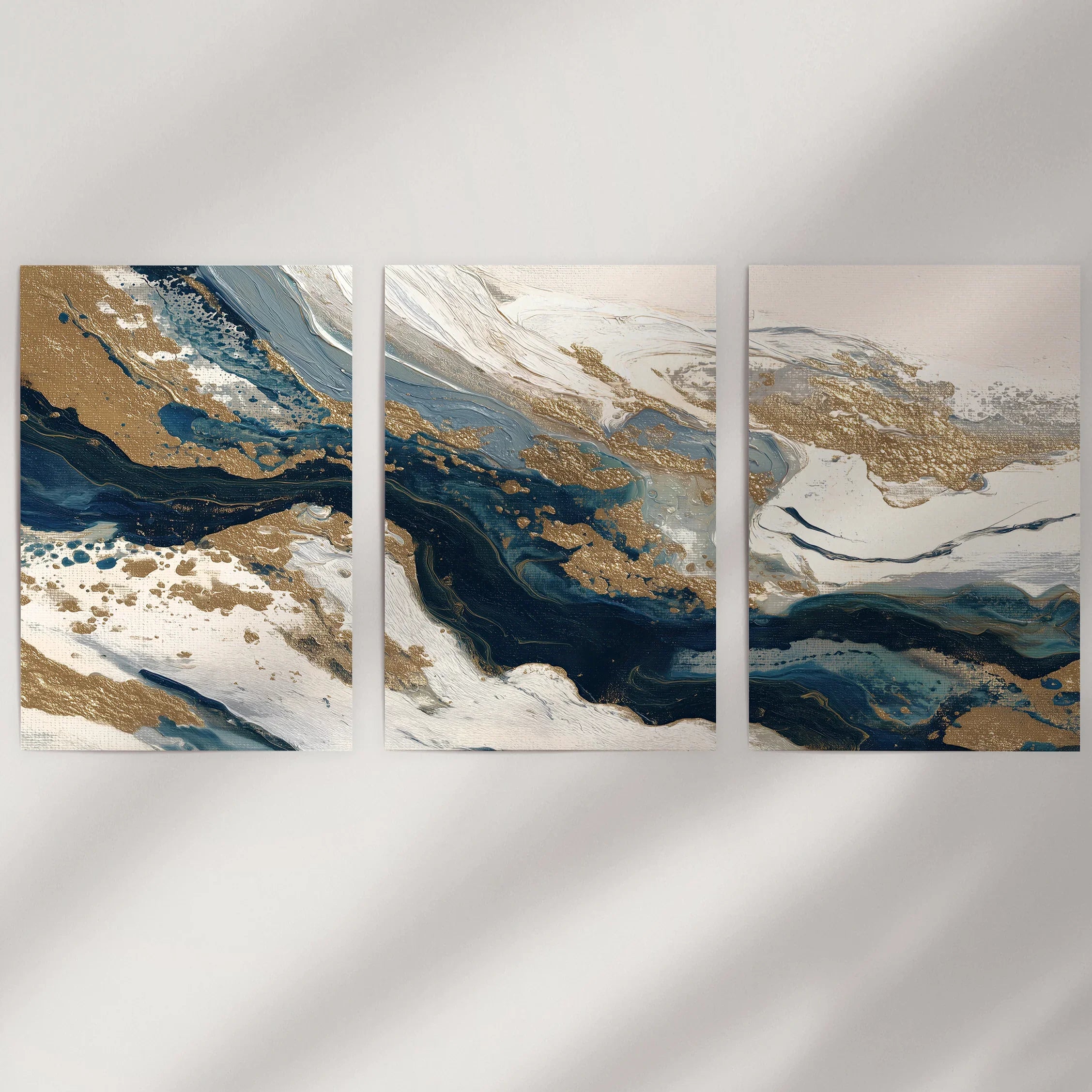 Gold & Blue Brush Strokes. Luxury 3 Piece Abstract Wall Art
